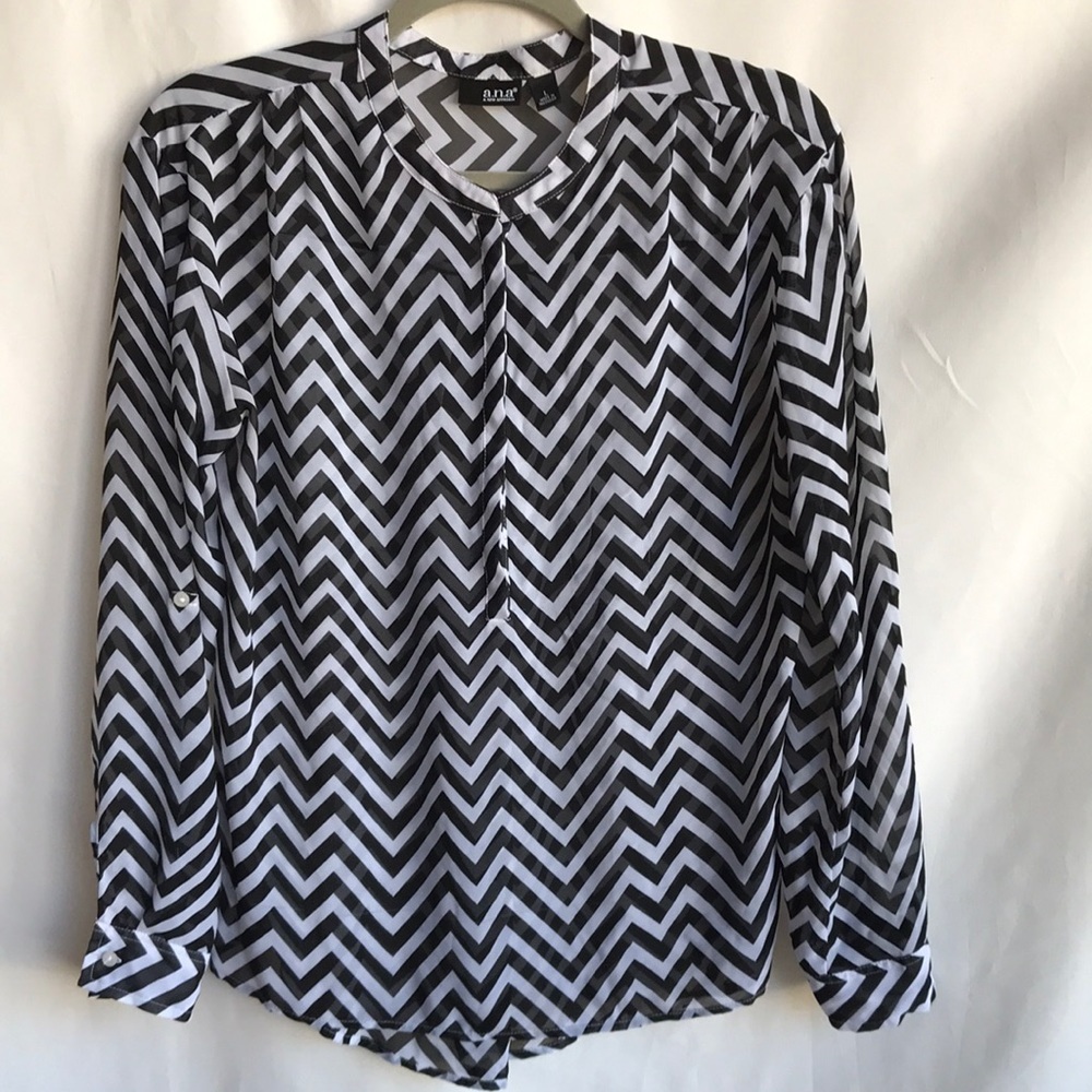 a.n.a black and white chevron print semi-sheer blouse, size L